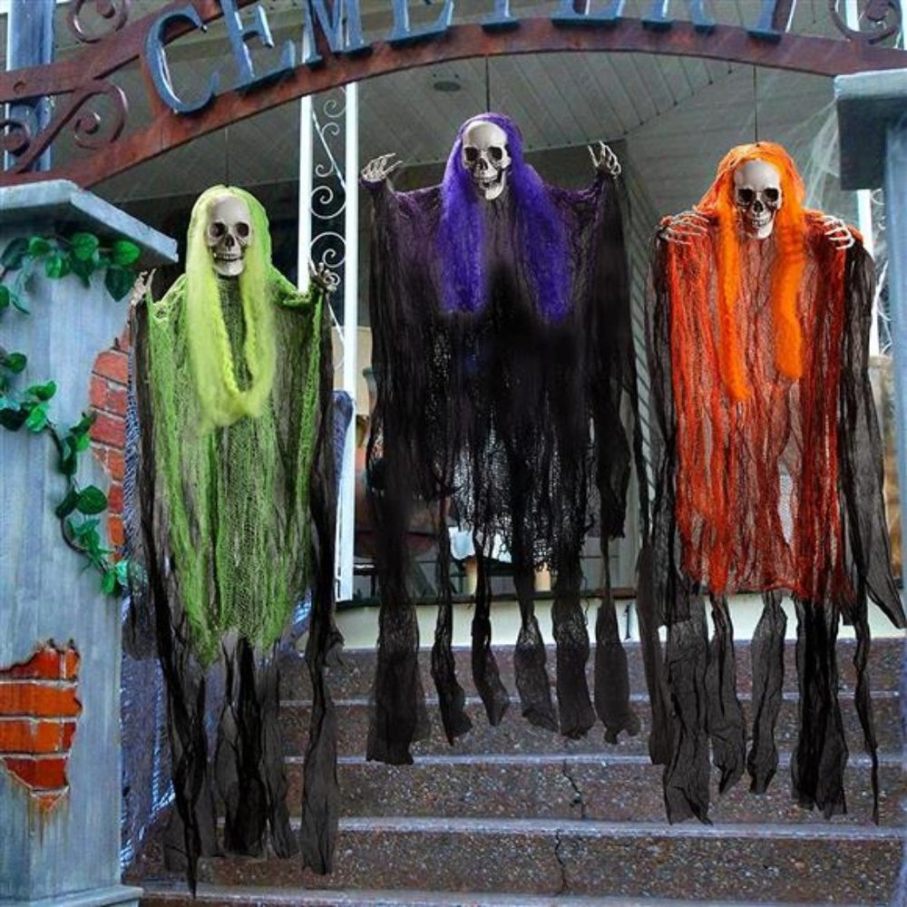 3 Pack Halloween Hanging Grim Reapers Decorations, 35.3” Halloween Skeleton Ghos